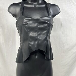 Unbranded Faux Leather Halter Top Women Black Good Corset Handkerchief Hem Zip